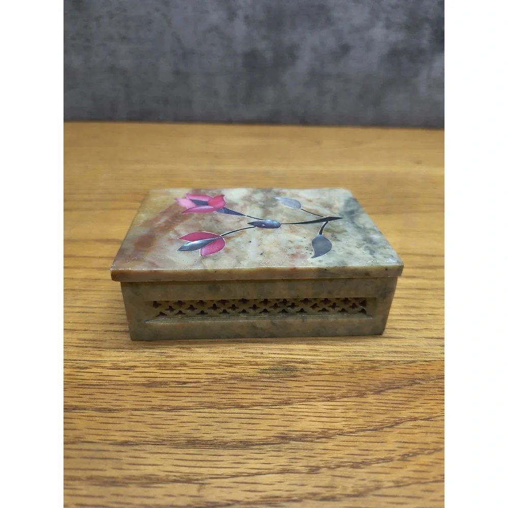 Carved Soapstone with Mother of Pearl Flower Inlay Trinket Box
